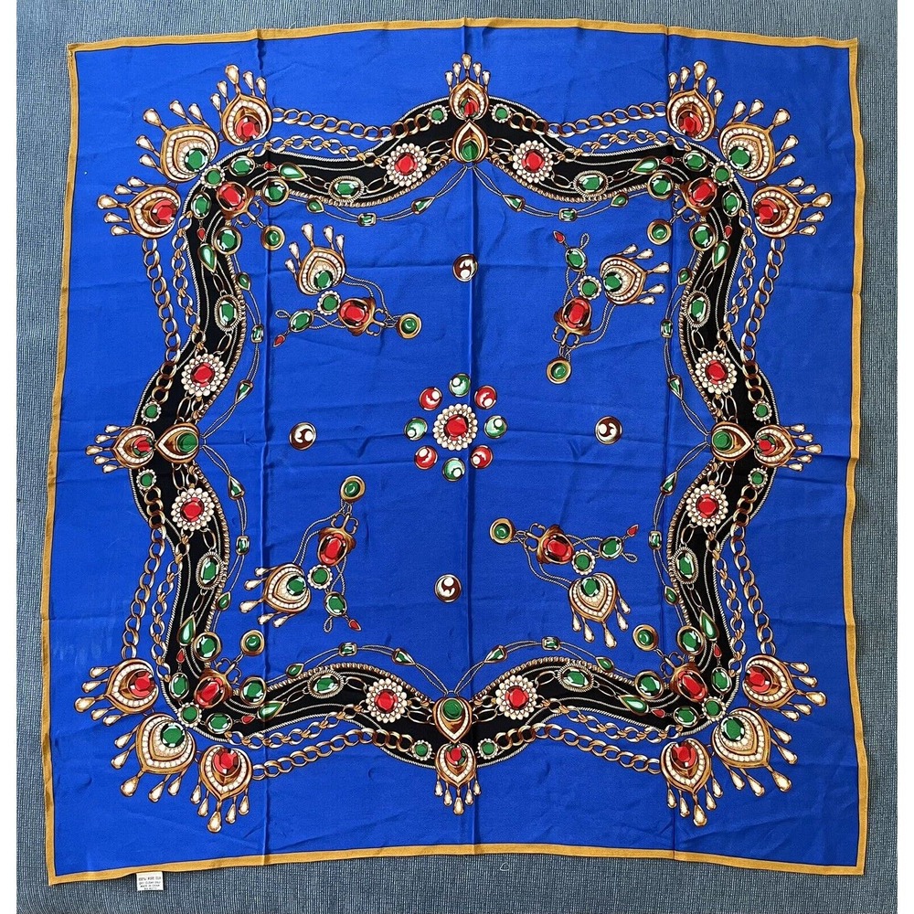 Vintage 100% Silk Scarf Square Blue Multicolor Jewel Chain Link Print 33 Inch